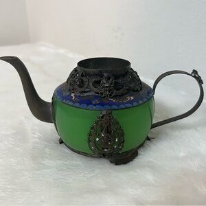 Antique Tibetan Jade & Silver/Brass Cloisonne Dragon Monkey  Frog Teapot *NO LID
